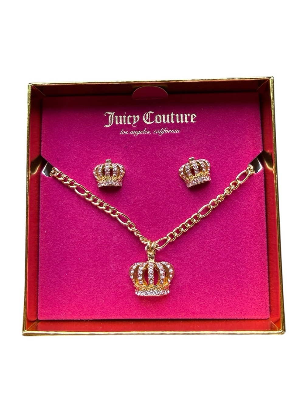 Juicy Couture Gold Plated Crown Pendant Necklace and Stud Earrings Set - Picture 1 of 4
